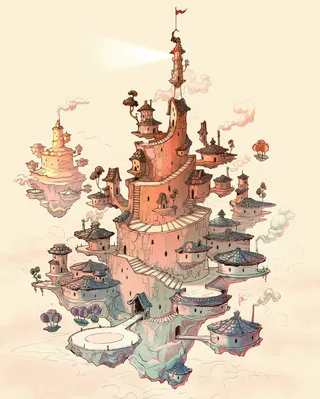 Fantasy floating lighthouse atop a floating village