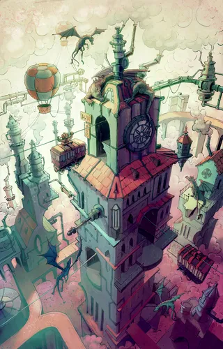 Une illustration atmosphérique représentant un téléphérique steampunk