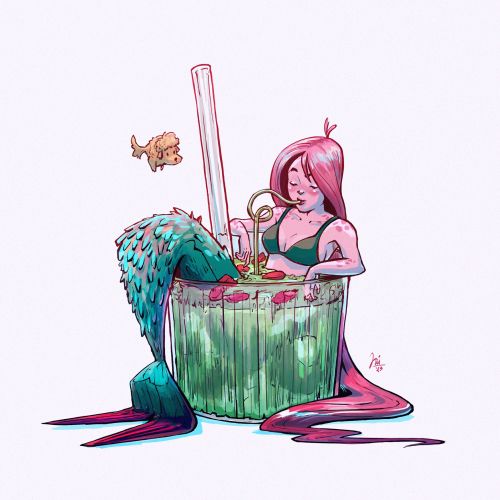 Sketch of little strawberry matcha mermaid