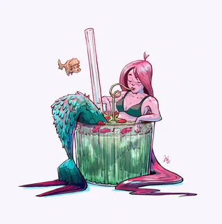 Sketch of little strawberry matcha mermaid