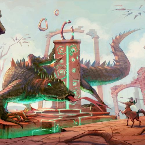 Warrior confronting dragon in mystical ancient ruins with broken pillars.