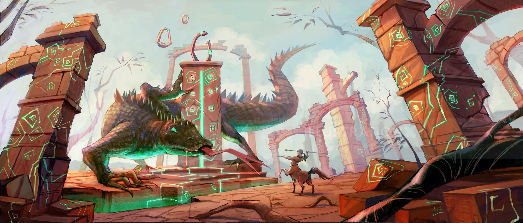 Warrior confronting dragon in mystical ancient ruins with broken pillars.