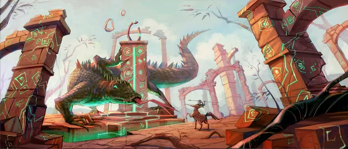 Warrior confronting dragon in mystical ancient ruins with broken pillars.
