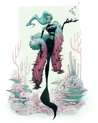 青緑色の髪とピンクのヒレを持つ優雅な人魚 | Illustration by Jui