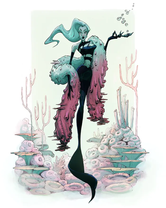Stylish mermaid with teal hair and pink fins surrounded by coral reefs