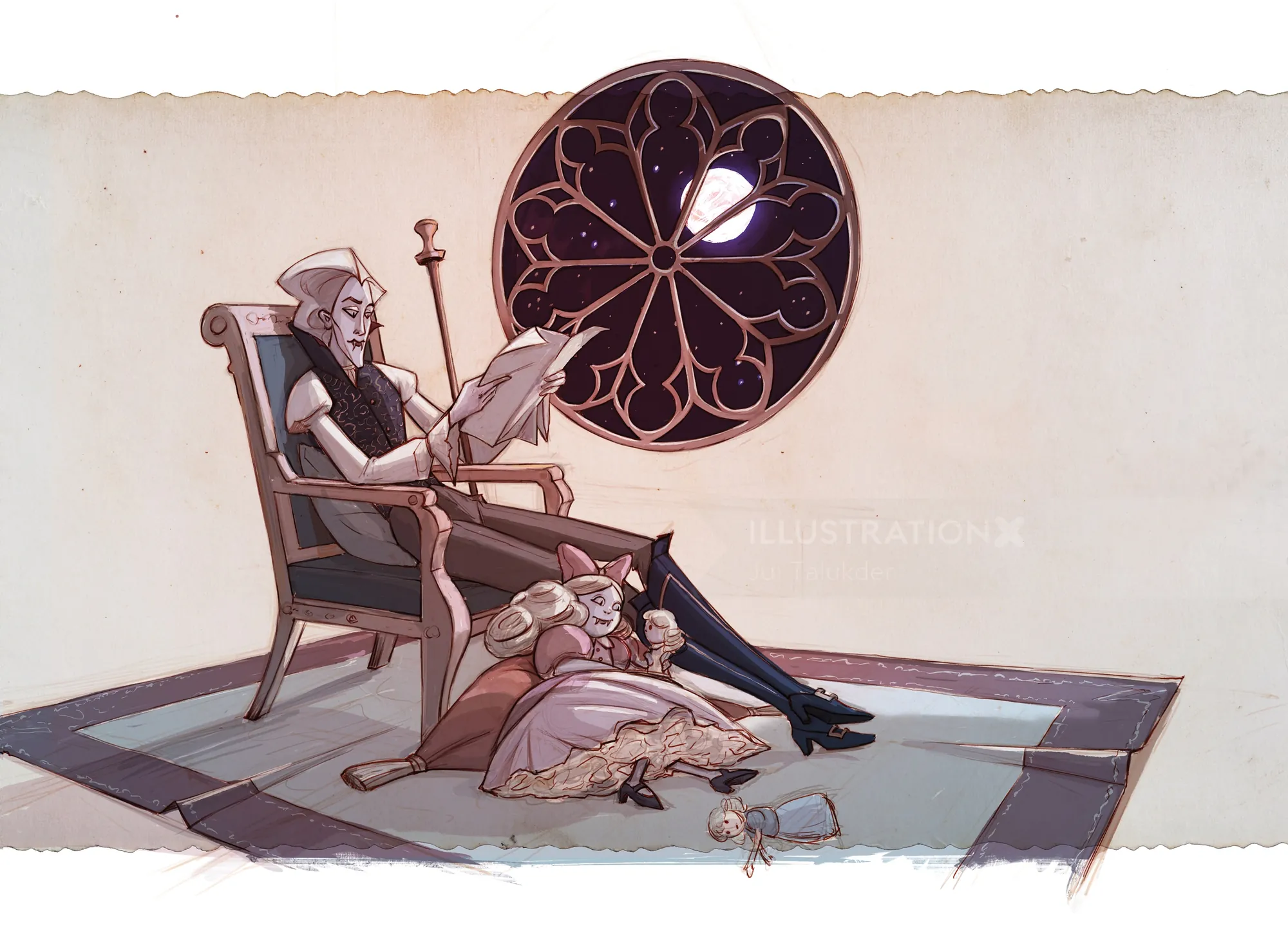 Two elves reading near a stained glass window in a cozy room.
