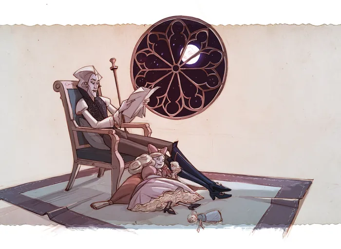 Two elves reading near a stained glass window in a cozy room.