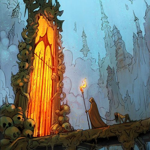 Mysterious robed figure near fiery gate surrounded by skulls by Jui Talukder
