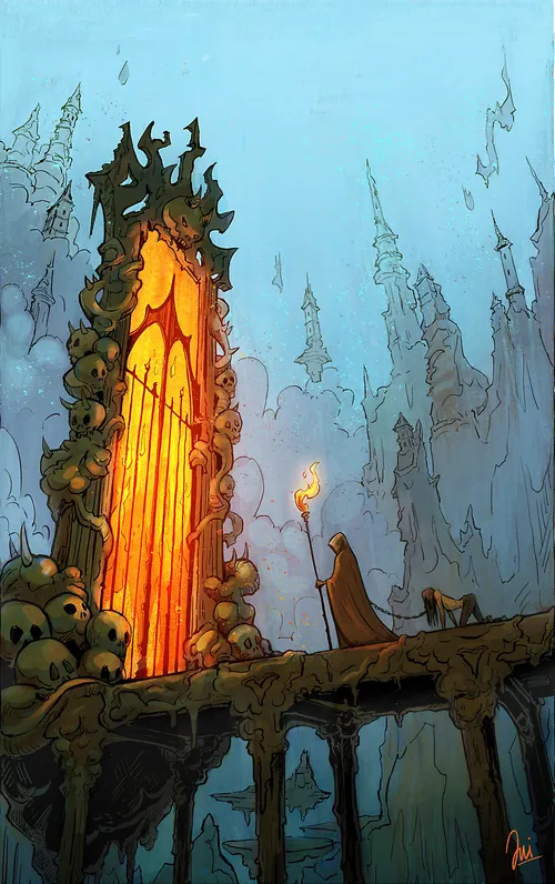 Mysterious robed figure near fiery gate surrounded by skulls by Jui Talukder