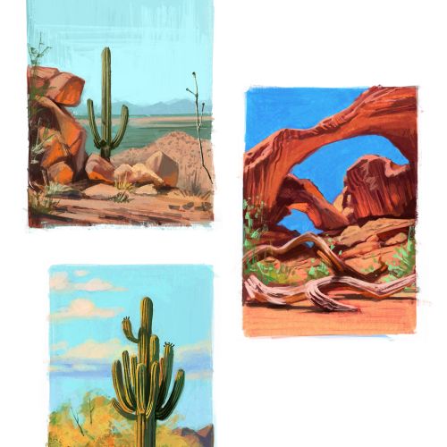 Collage painting depicts a desert plants