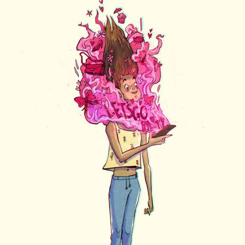 Person with flaming head reading a book emitting pink smoke