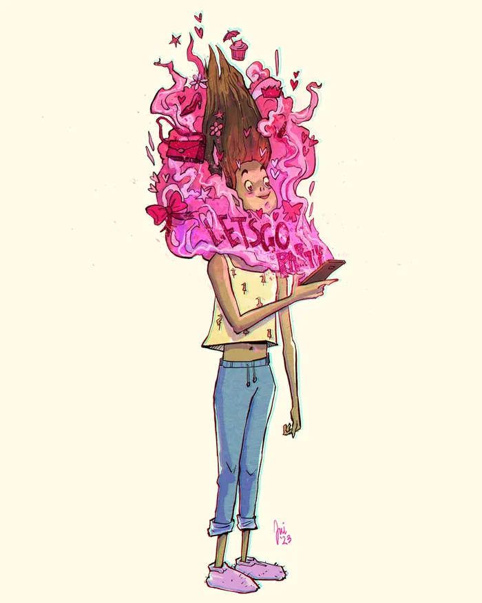 Person with flaming head reading a book emitting pink smoke