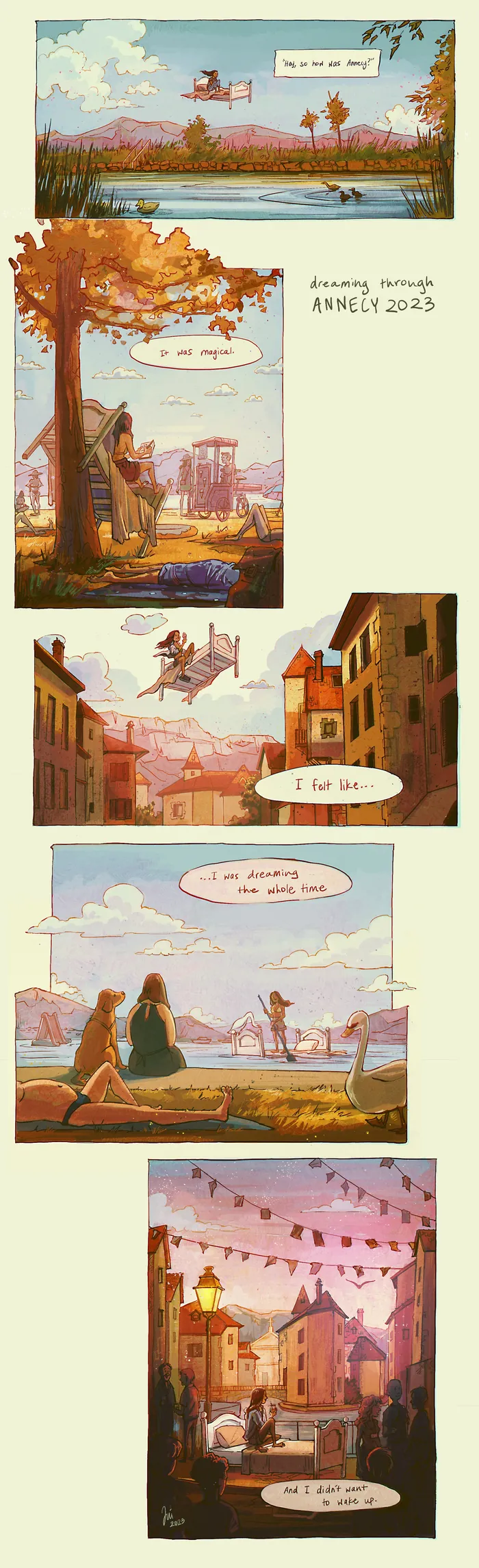 Medieval village with flying ships and people interacting outdoors