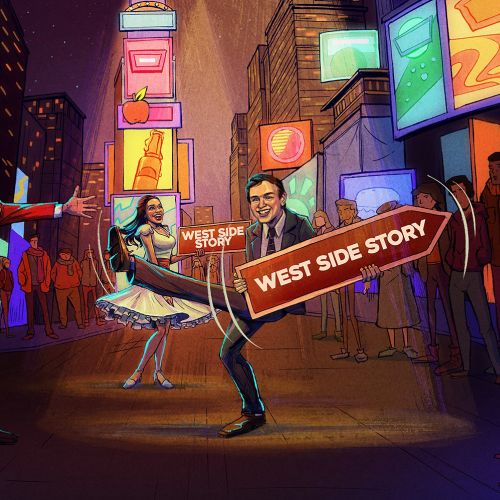 Dancers performing on vibrant city street with neon signs at night