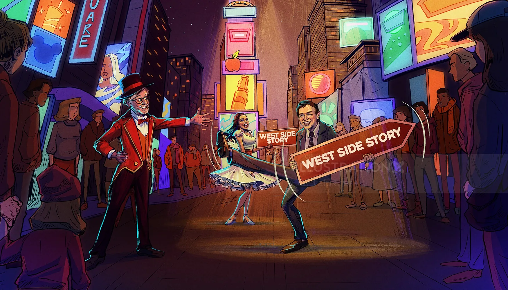 Dancers performing on vibrant city street with neon signs at night