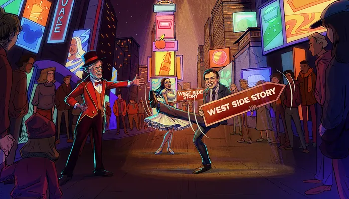 Dancers performing on vibrant city street with neon signs at night