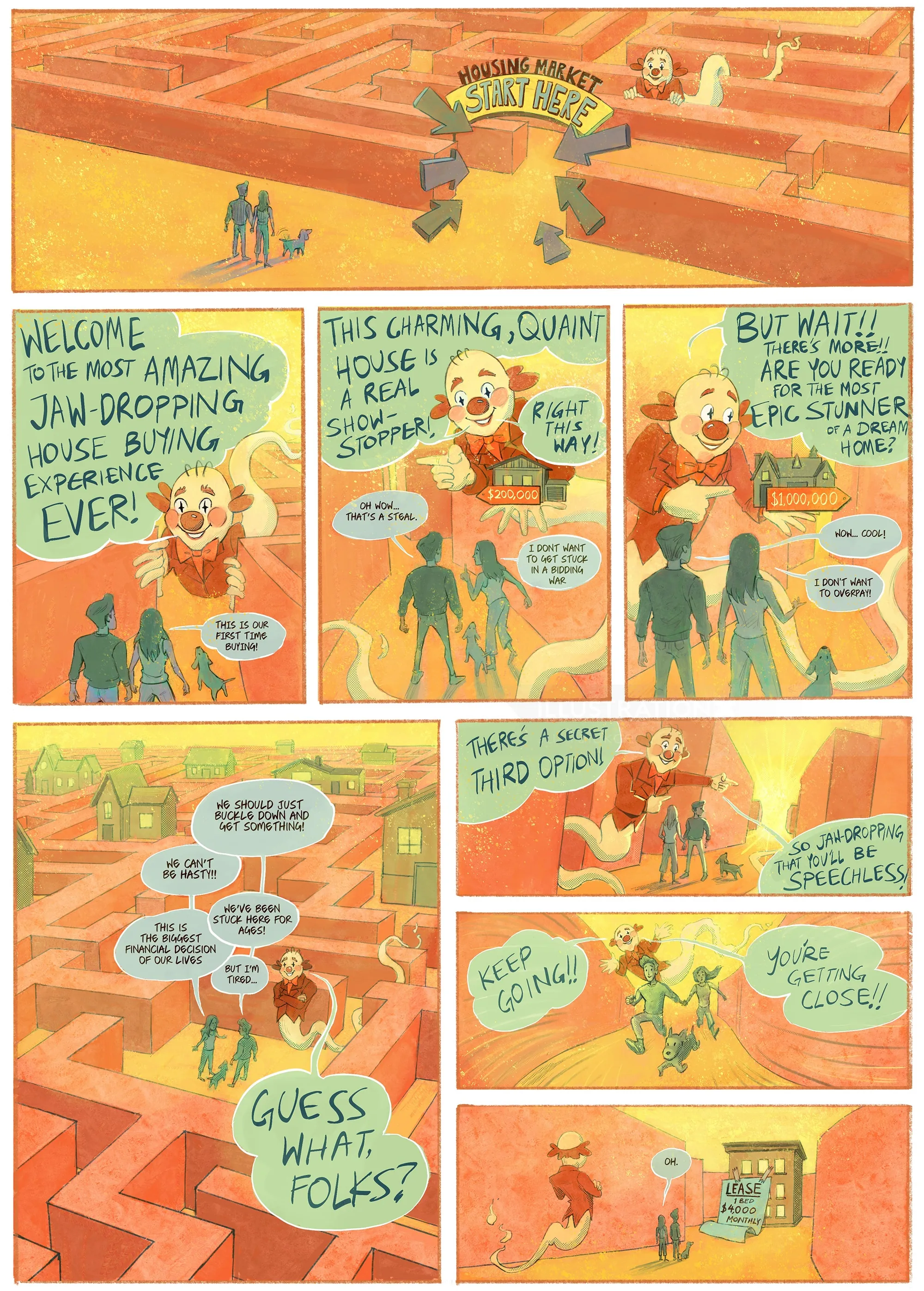 People exploring an orange maze with colorful cartoon panels
