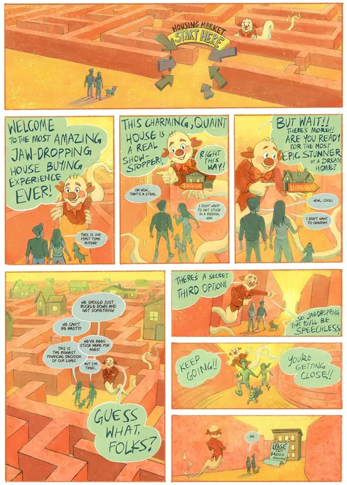 People exploring an orange maze with colorful cartoon panels