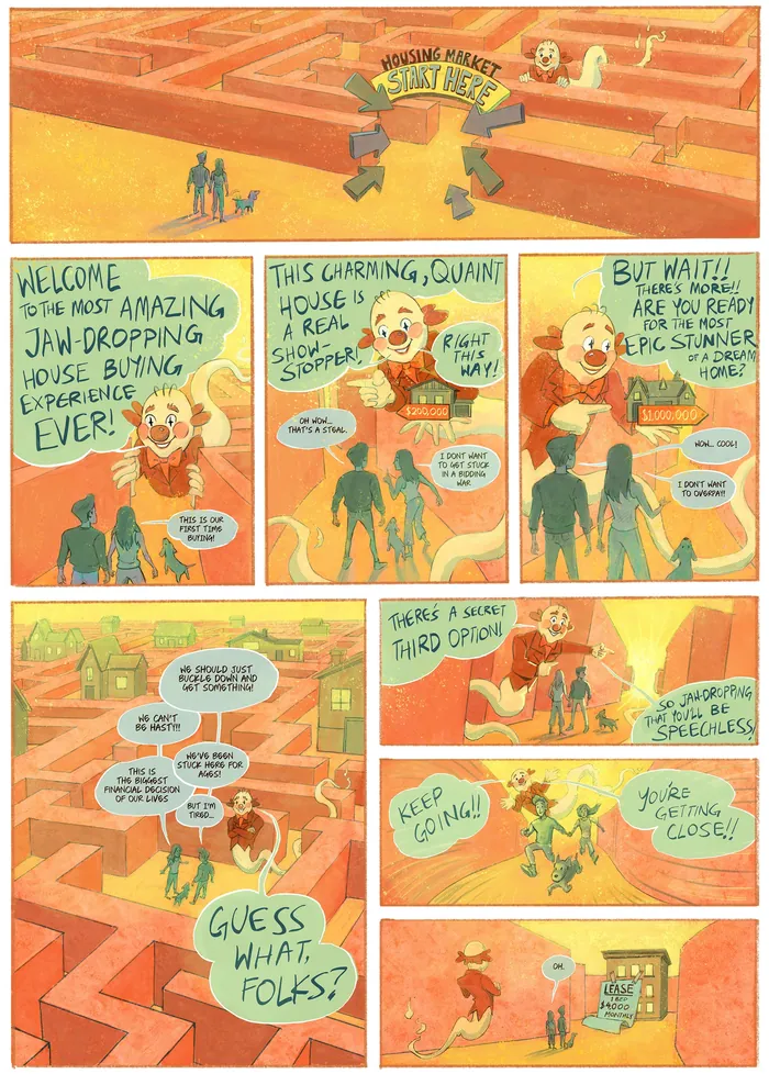 People exploring an orange maze with colorful cartoon panels