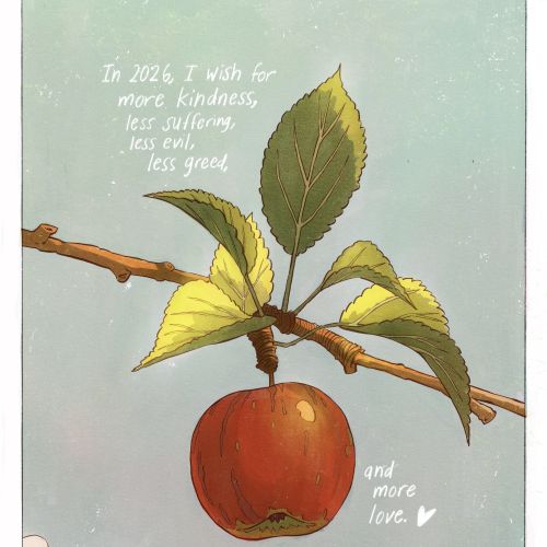 Illustration of apple on branch with leaves and kindness quote by Jui Talukder