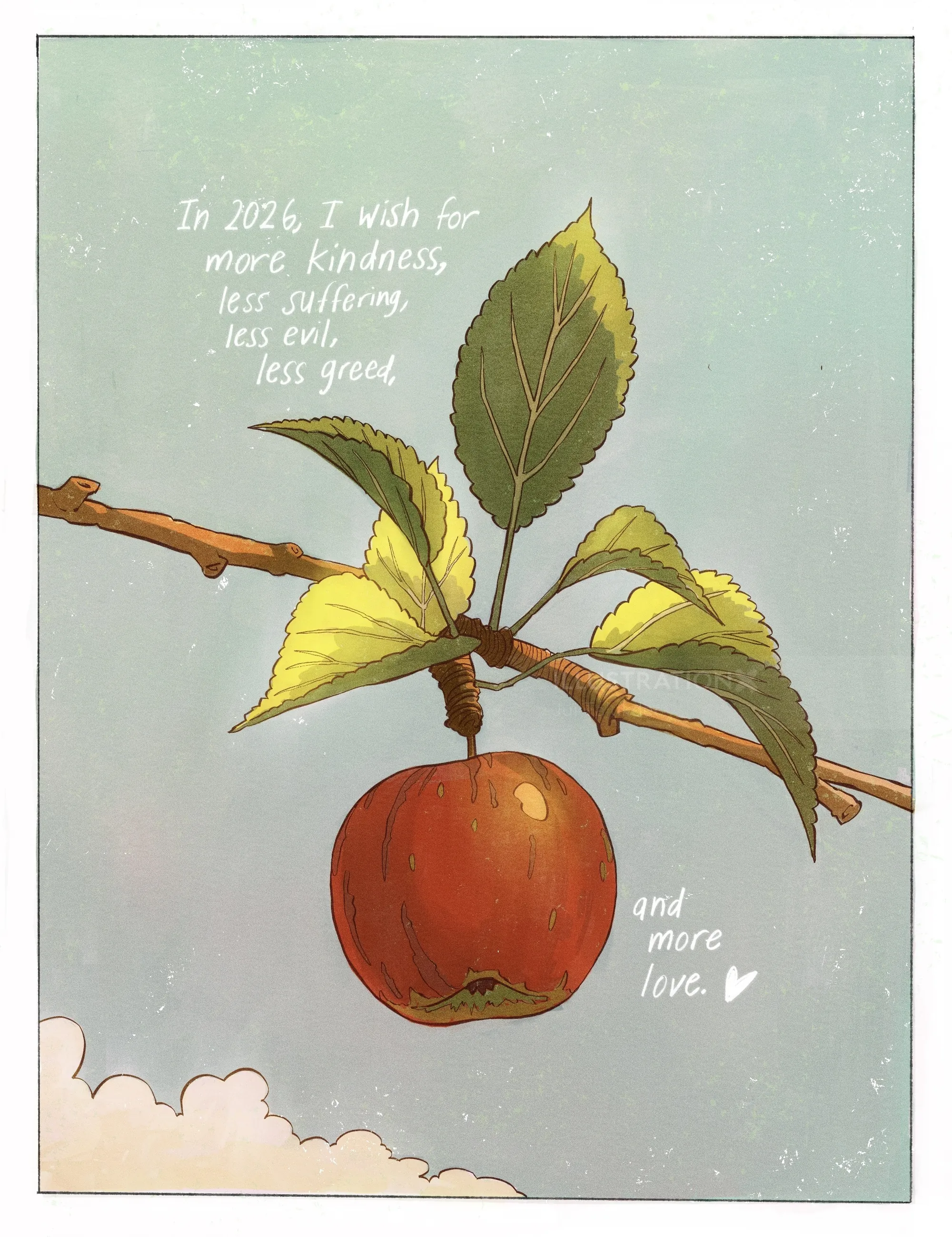 Illustration of apple on branch with leaves and kindness quote by Jui Talukder