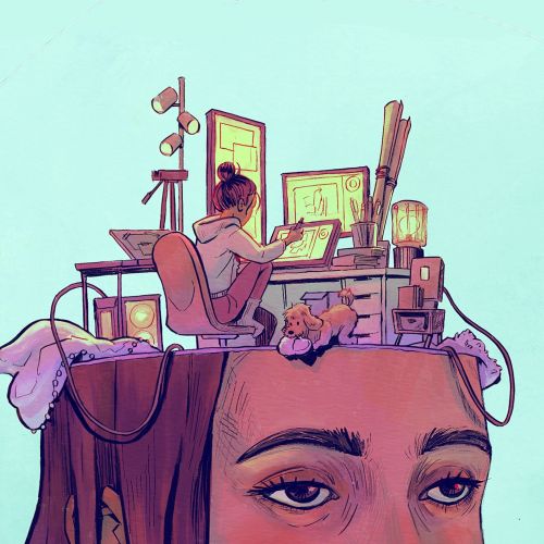Digital artist working on tablet with art supplies and dog nearby by Jui Talukder