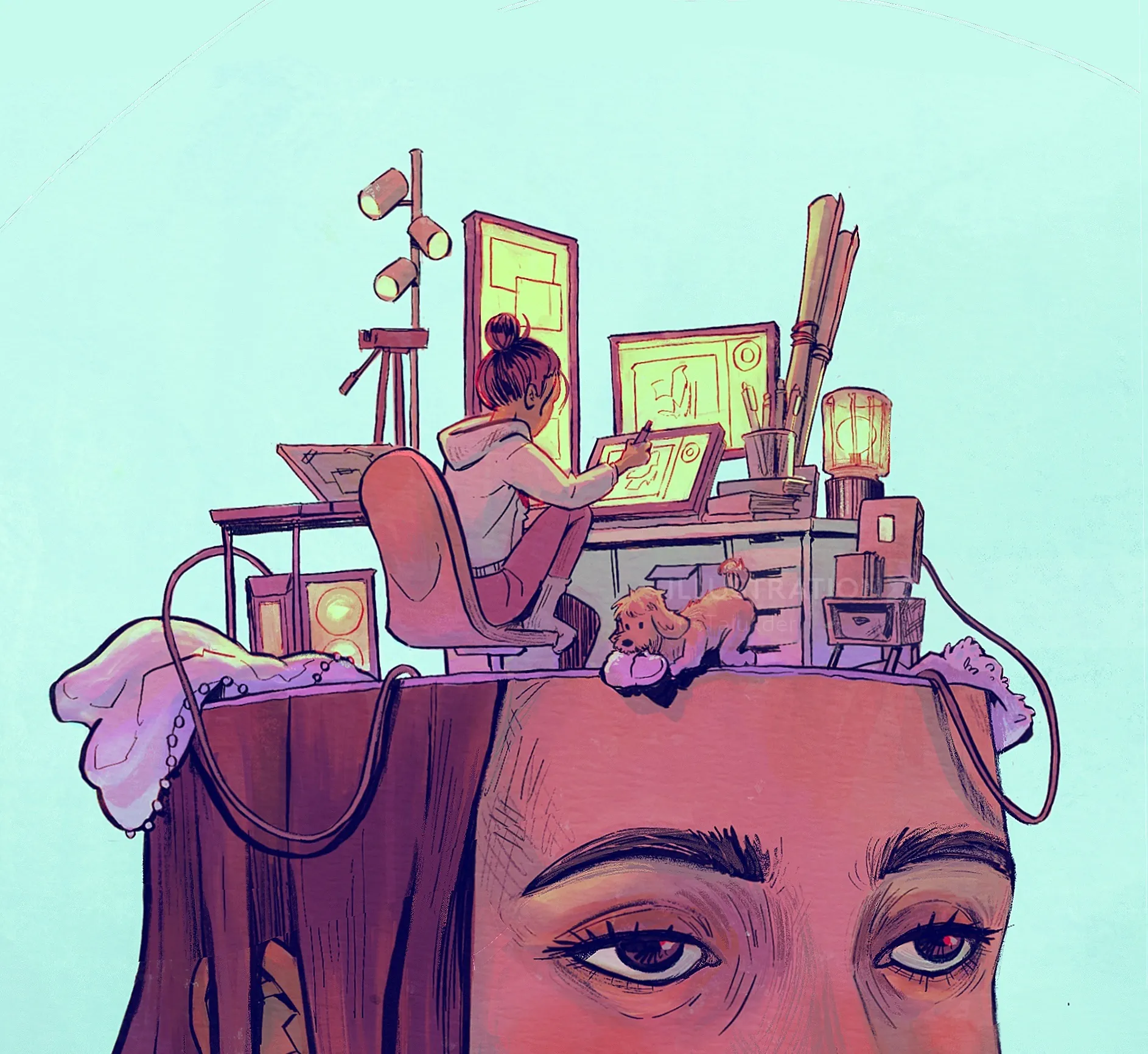Digital artist working on tablet with art supplies and dog nearby by Jui Talukder