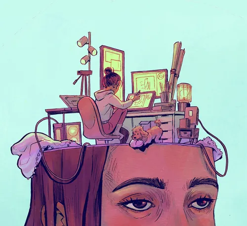 Digital artist working on tablet with art supplies and dog nearby by Jui Talukder