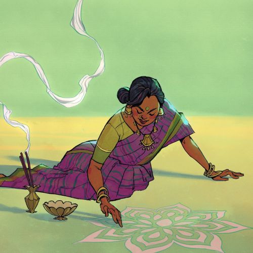 Woman in traditional sari making rangoli art next to incense smoke by Jui Talukder