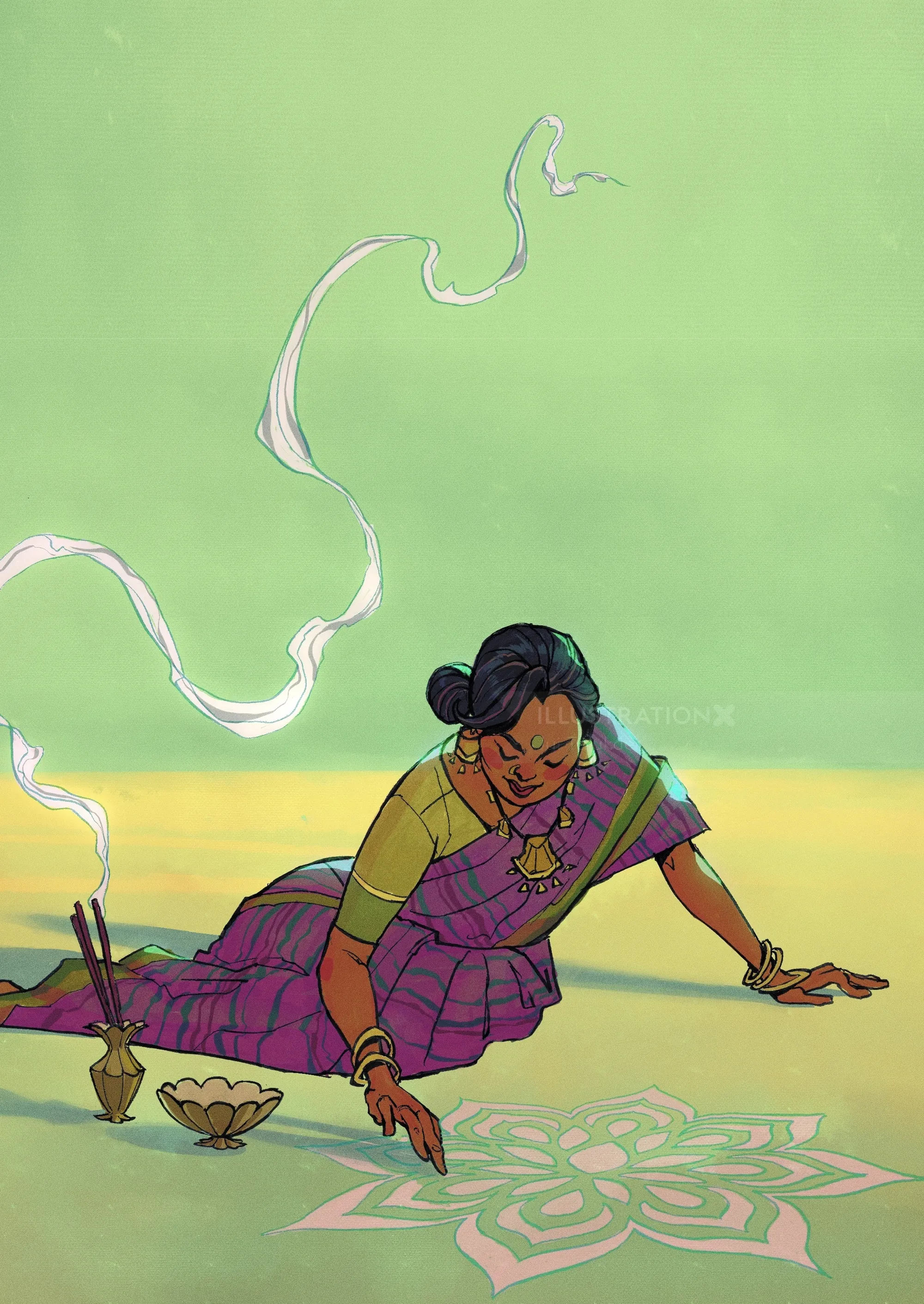 Woman in traditional sari making rangoli art next to incense smoke by Jui Talukder