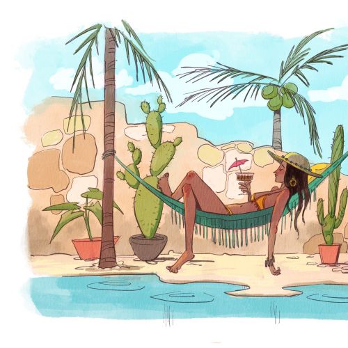 Woman relaxing in hammock by pool with palm trees by Jui Talukder