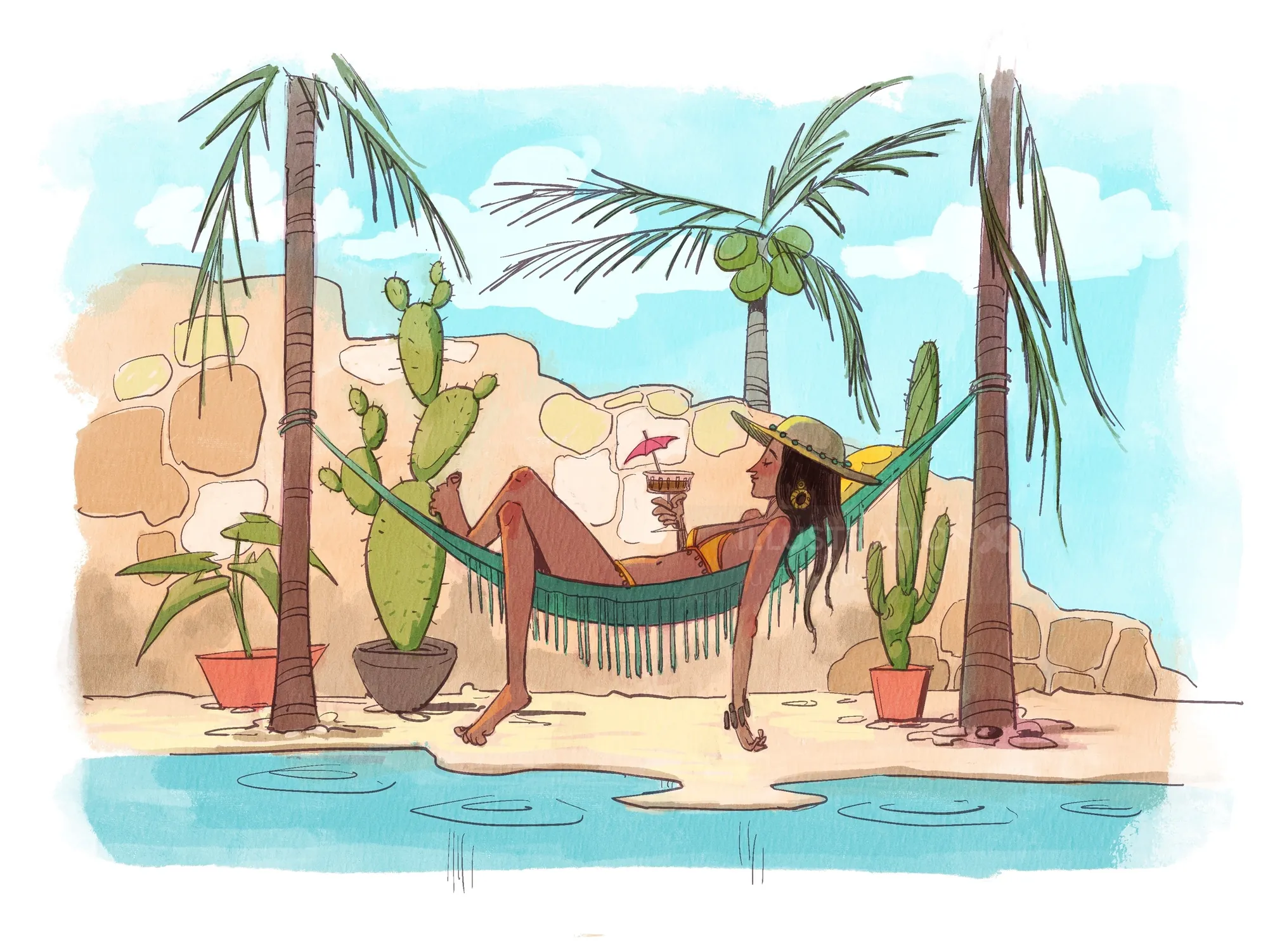Woman relaxing in hammock by pool with palm trees by Jui Talukder