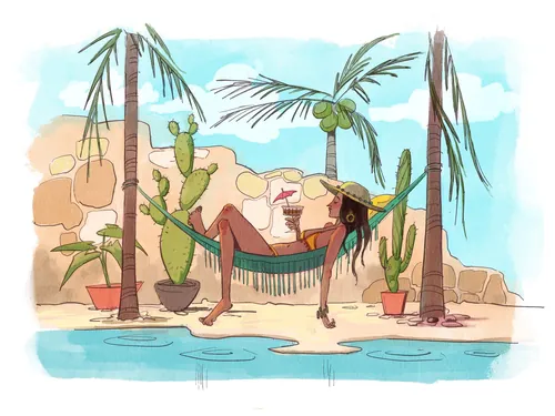 Woman relaxing in hammock by pool with palm trees by Jui Talukder