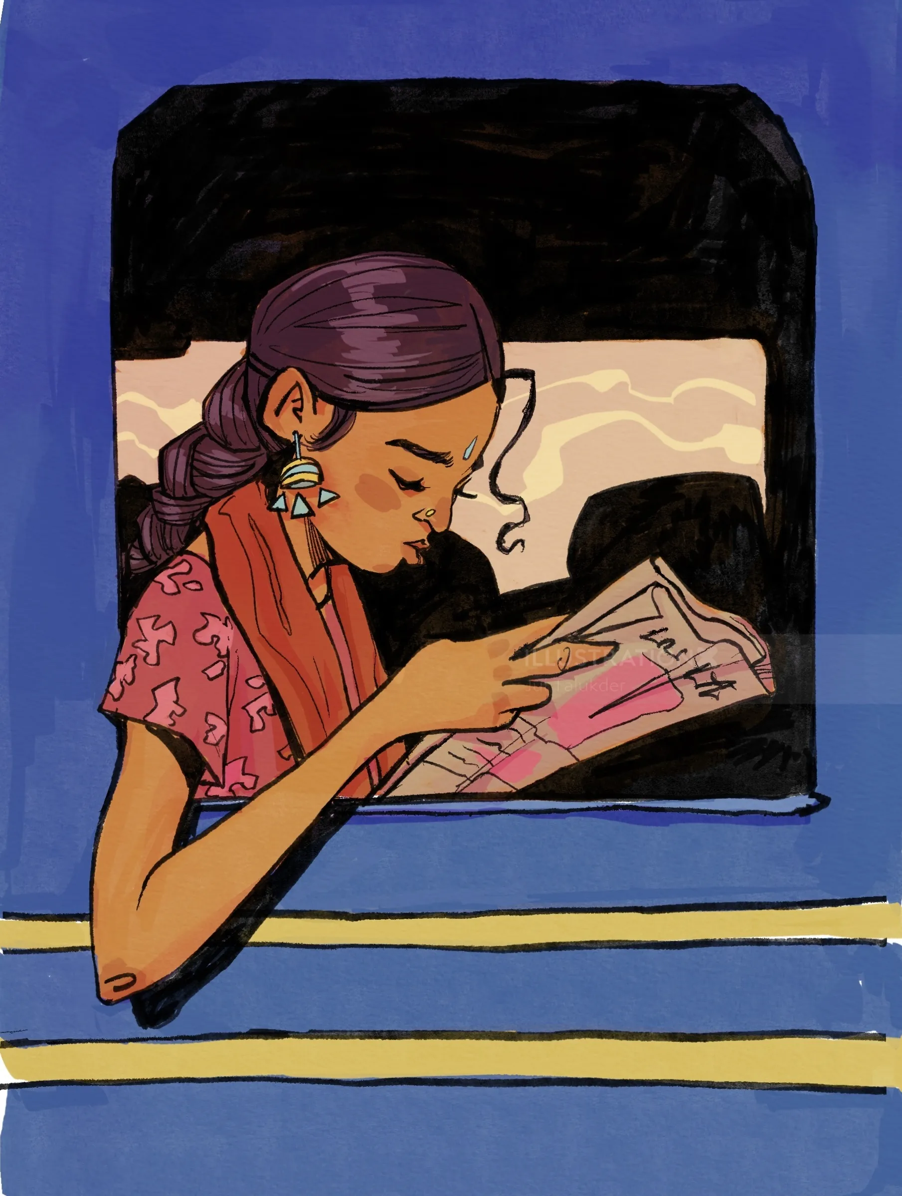 Woman reading a book on a train, illustrated by Jui Talukder
