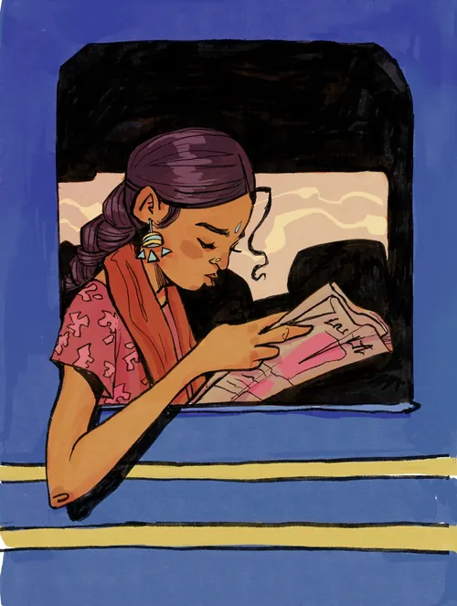 Woman reading a book on a train, illustrated by Jui Talukder