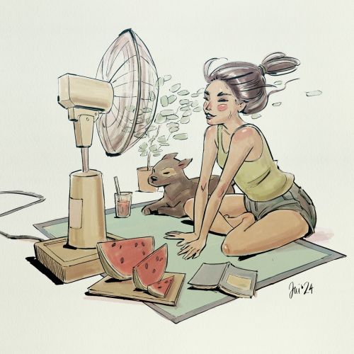 Woman relaxing near fan with watermelon and dog by artist Jui Talukder