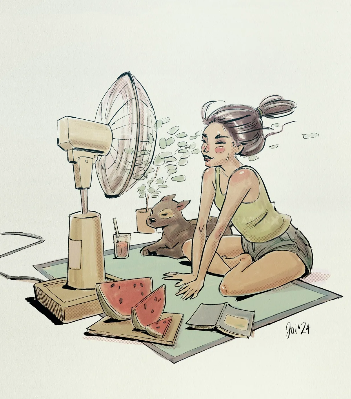 Woman relaxing near fan with watermelon and dog by artist Jui Talukder