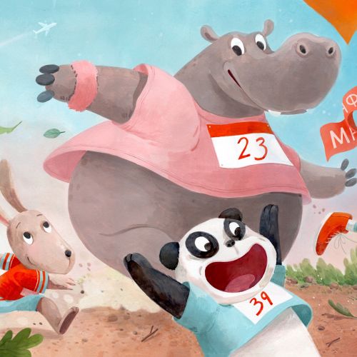 hippo, hare, marathon, running, panda, character design