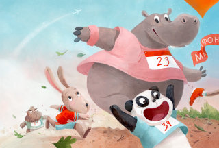 hipopótamo, liebre, maratón, corriendo, panda, diseño de personaje