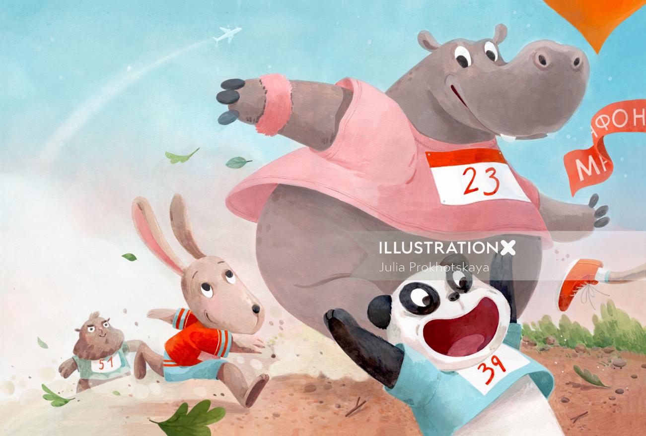 hipopótamo, lebre, maratona, corrida, panda, design de personagens