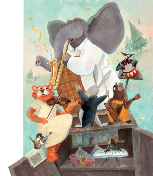 elephant, tiger, beaver, orchestra, rain, character design