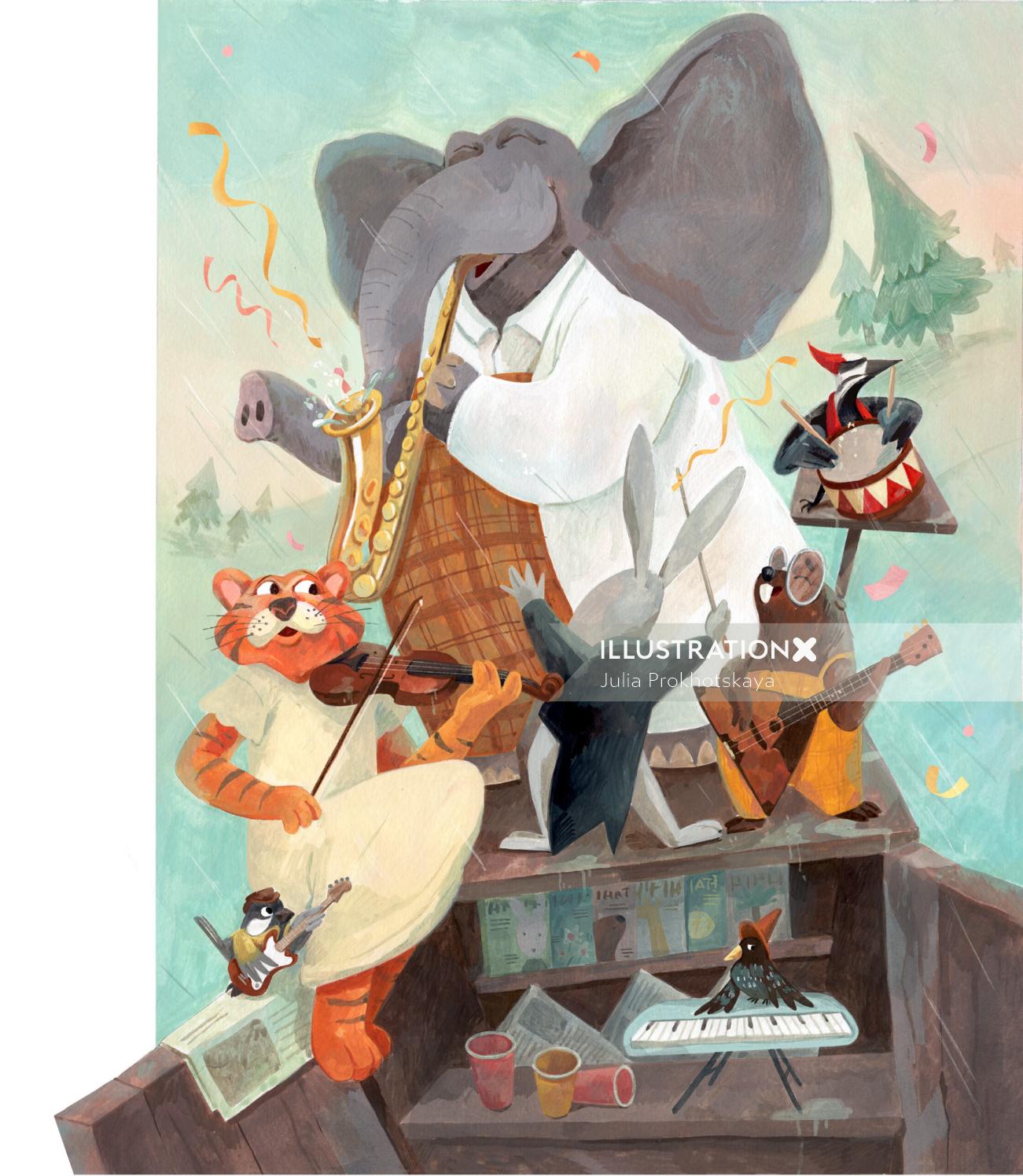 elefante, tigre, castor, orquestra, chuva, design de personagens