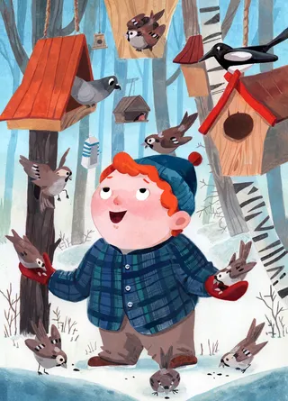 bird feeder, birds singing, winter, character design