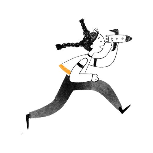 Girl running and looking through a toy airplane by Julia Prokhotskaya