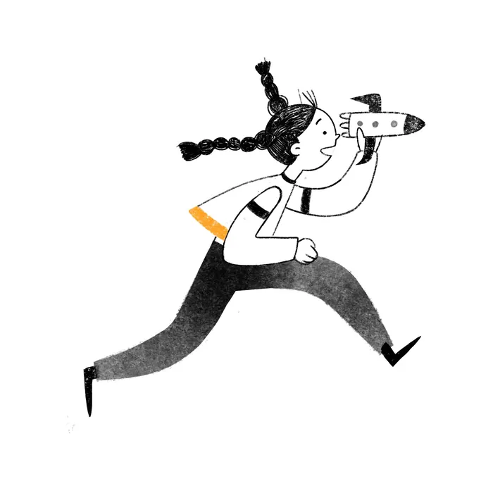 Girl running and looking through a toy airplane by Julia Prokhotskaya