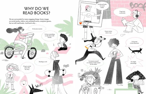 Illustrated characters discussing reasons for reading books by Julia Prokhotskaya