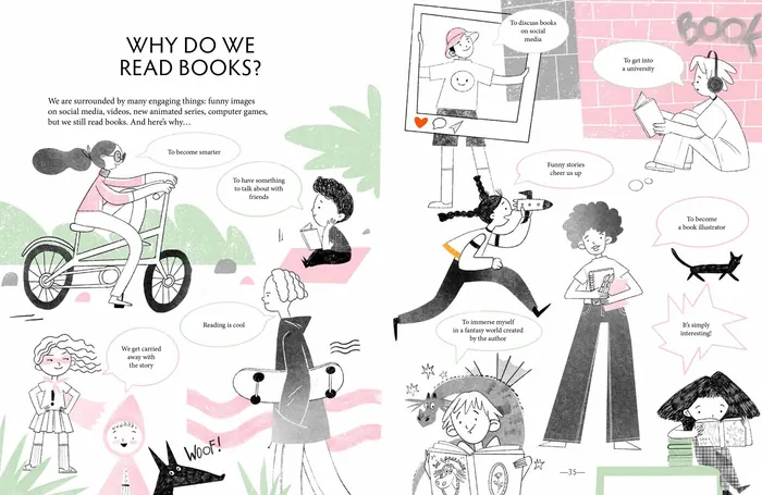 Illustrated characters discussing reasons for reading books by Julia Prokhotskaya
