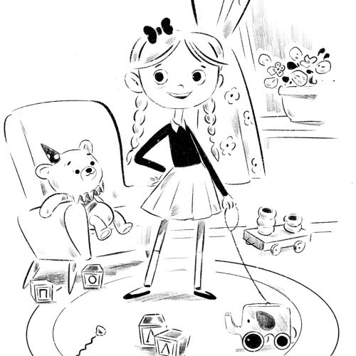 Black and white illustration of girl with cat and toys by Julia Prokhotskaya