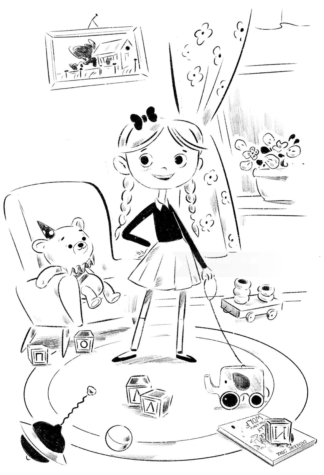 Black and white illustration of girl with cat and toys by Julia Prokhotskaya