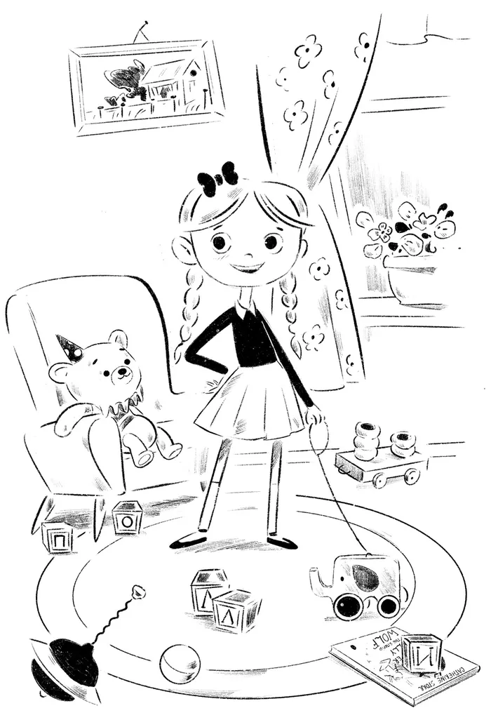 Black and white illustration of girl with cat and toys by Julia Prokhotskaya